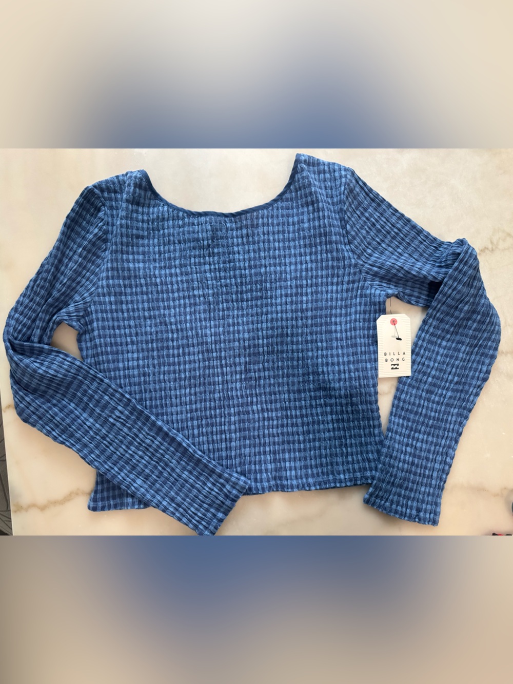 Billabong Navy-Blue Ribbed Gingham Long Sleeve Crop Top